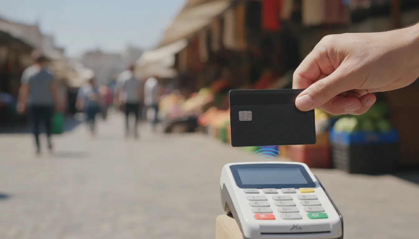 A person making a contactless payment with a credit card at a payment terminal in a foreign country.