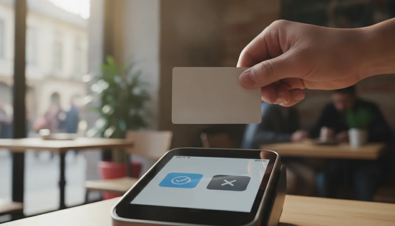 A payment terminal screen showing options to pay in local currency or home currency, with a hand hovering a bank card over it.