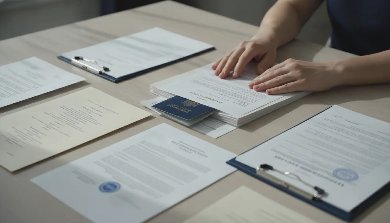 A stack of official documents, including passports and certificates, on a table.