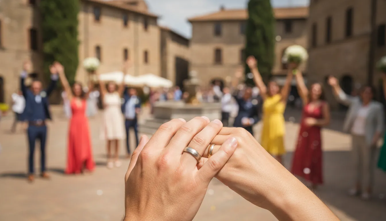 A beautiful wedding ceremony in an Italian piazza, with guests watching the couple.