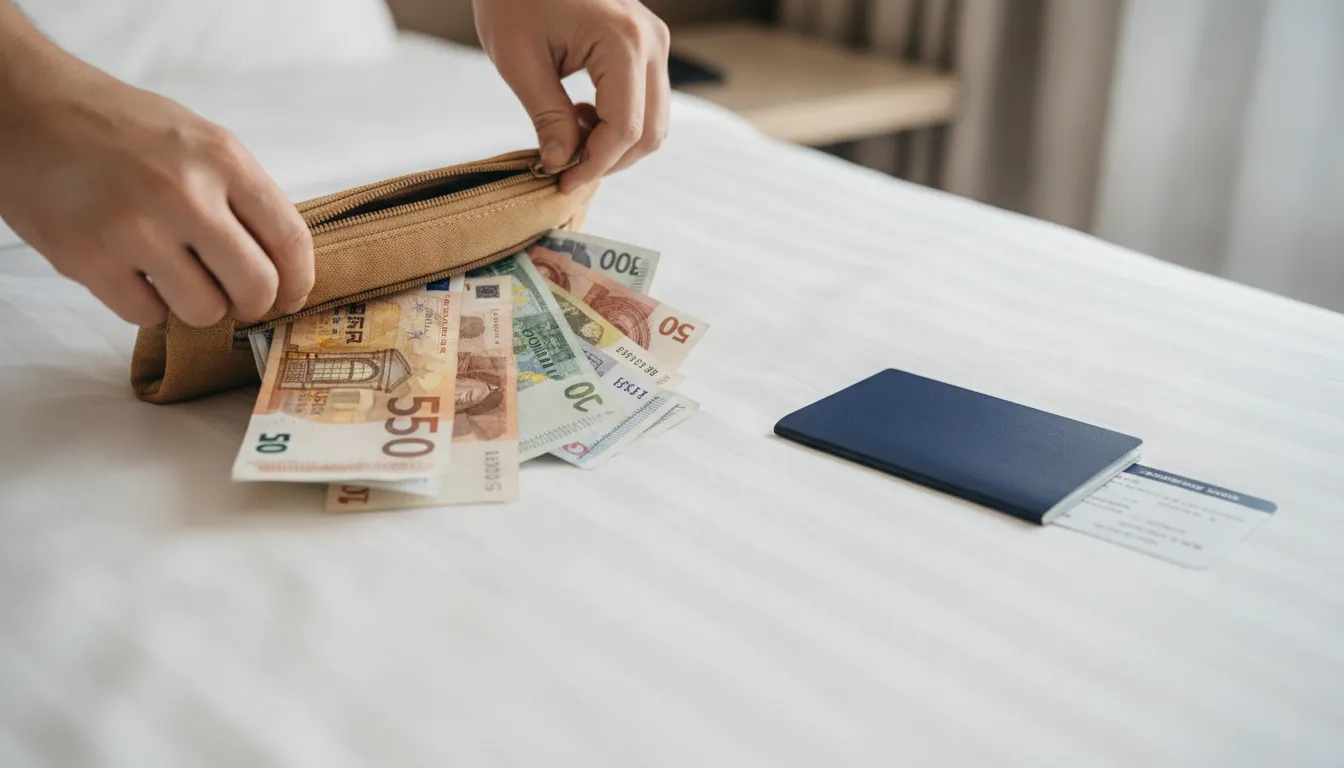 A person zipping a wallet full of cash, with a passport and boarding pass on a bed.