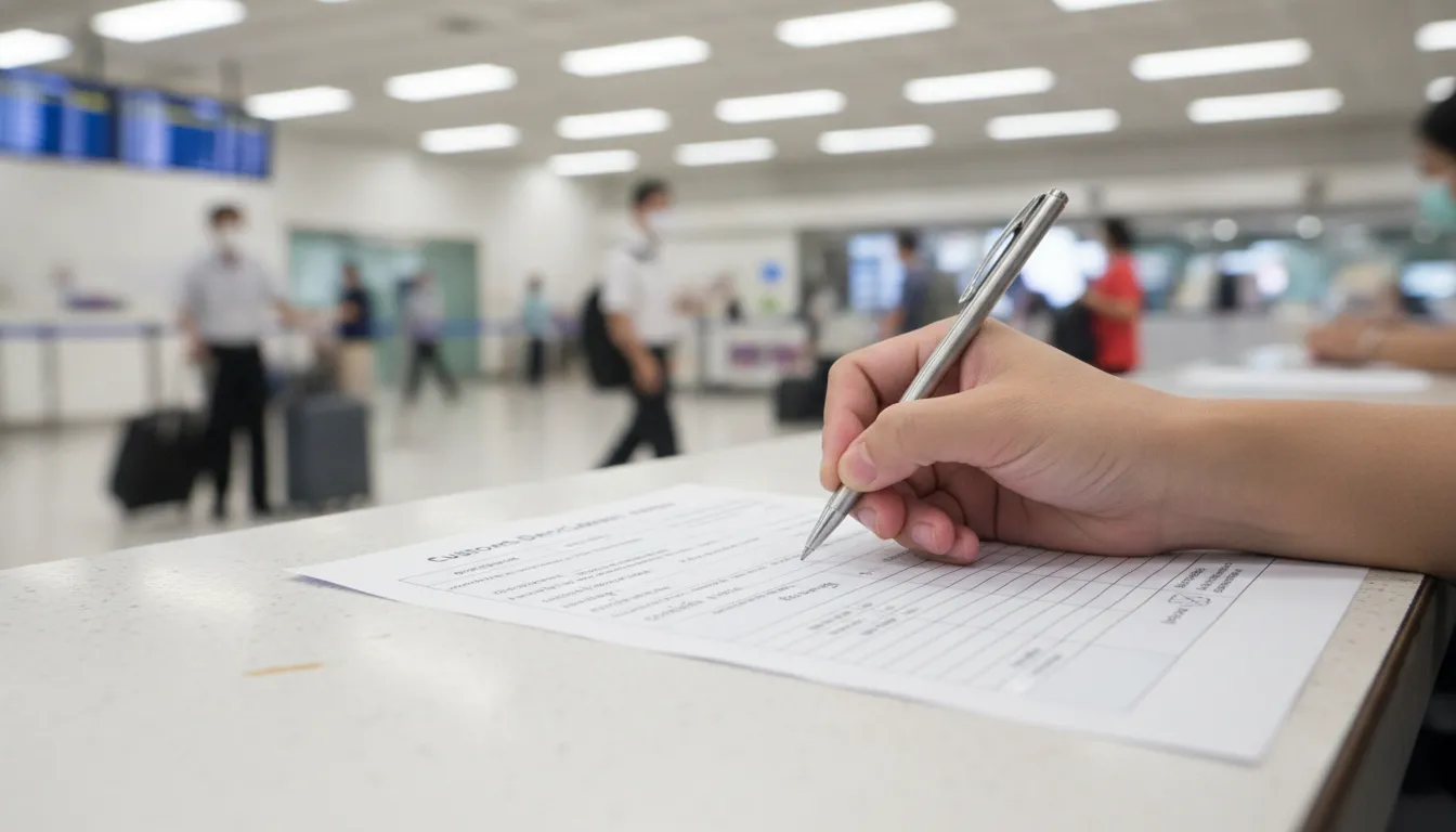 A person’s hand filling out a Thai customs declaration form at an airport.