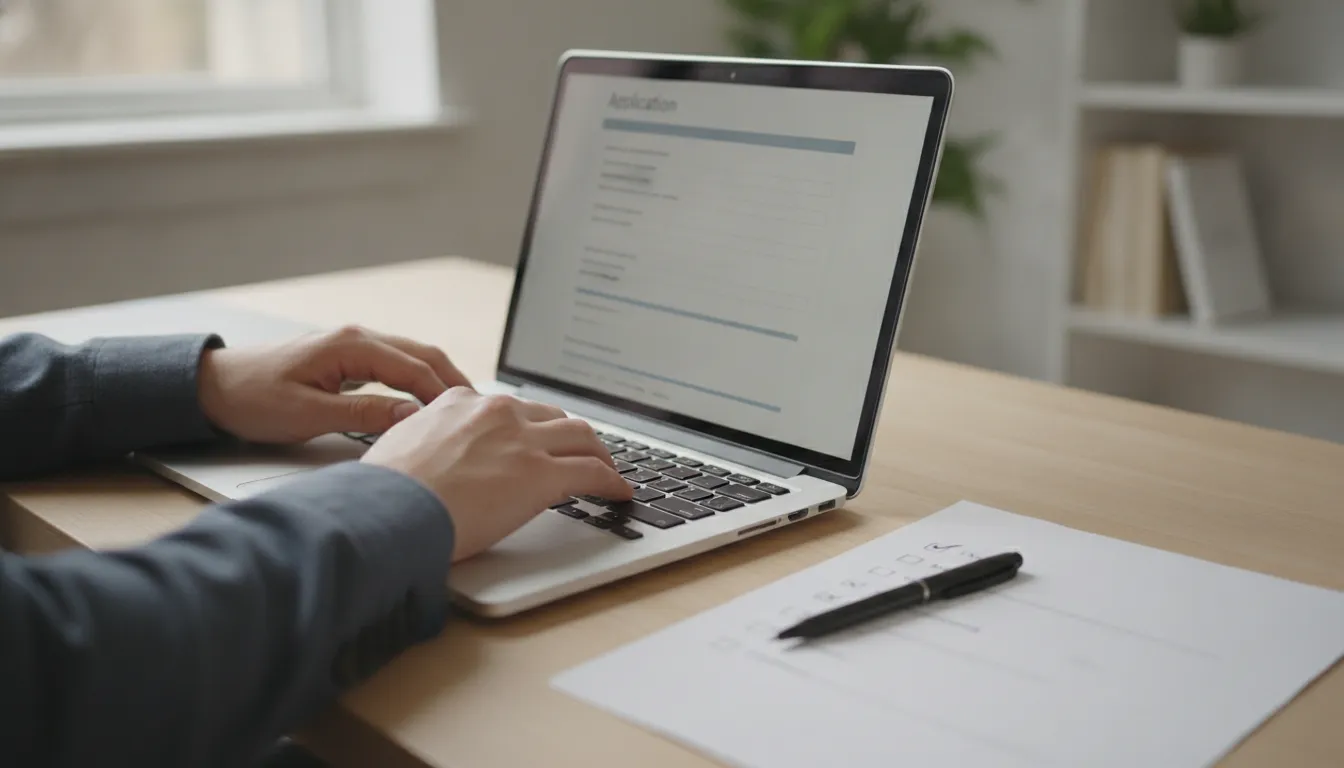 Hands filling out an online Umrah visa application form on a laptop, with a paper checklist for steps.
