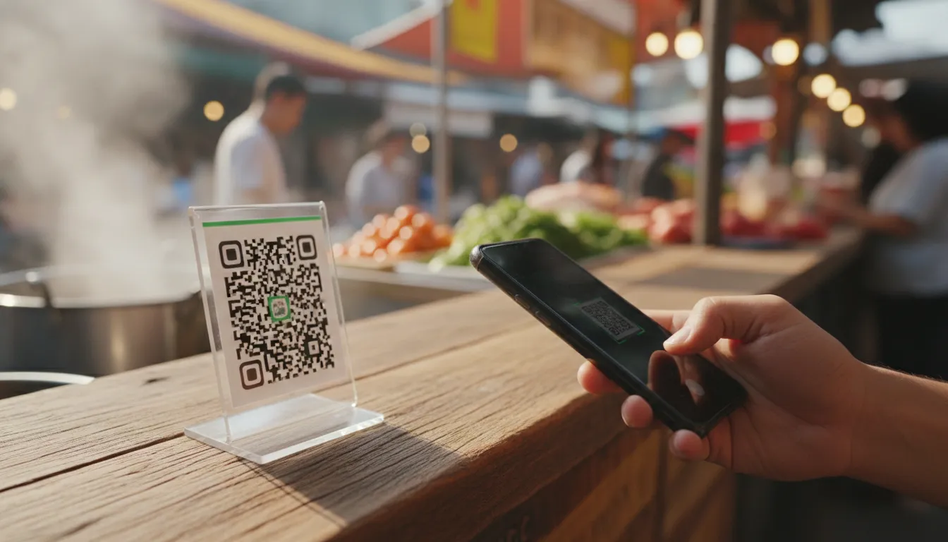 A person scanning a QR code with their smartphone to make a payment at a street vendor