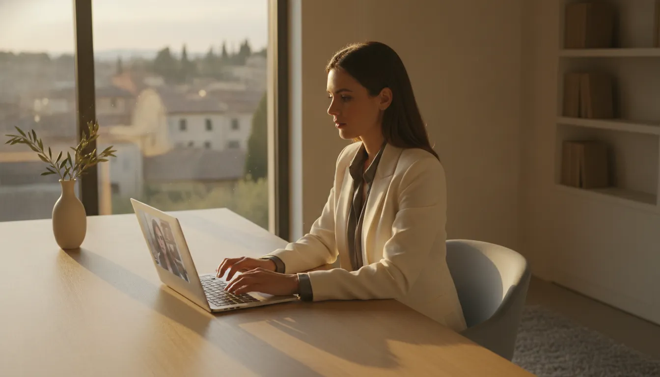 A woman in a stylish Italian office using a laptop for a video interview.