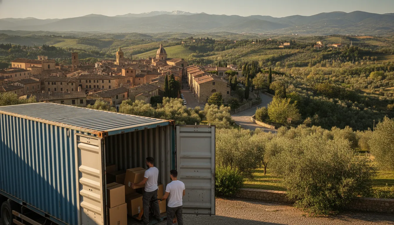 Movers carefully packing moving boxes onto a truck with an Italian villa in the background.